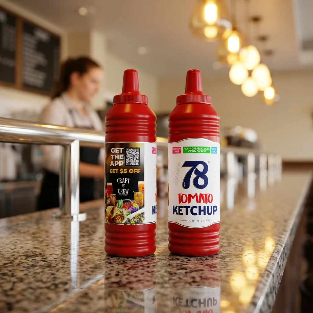 Co-branded 78 Brand natural non-GMO ketchup bottles on a restaurant counter