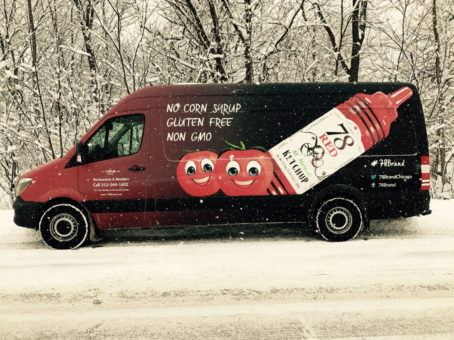 78 Brand delivery van in the snow, wrapped with No Corn Syrup, Gluten Free, Non GMO ketchup messaging, Chicago