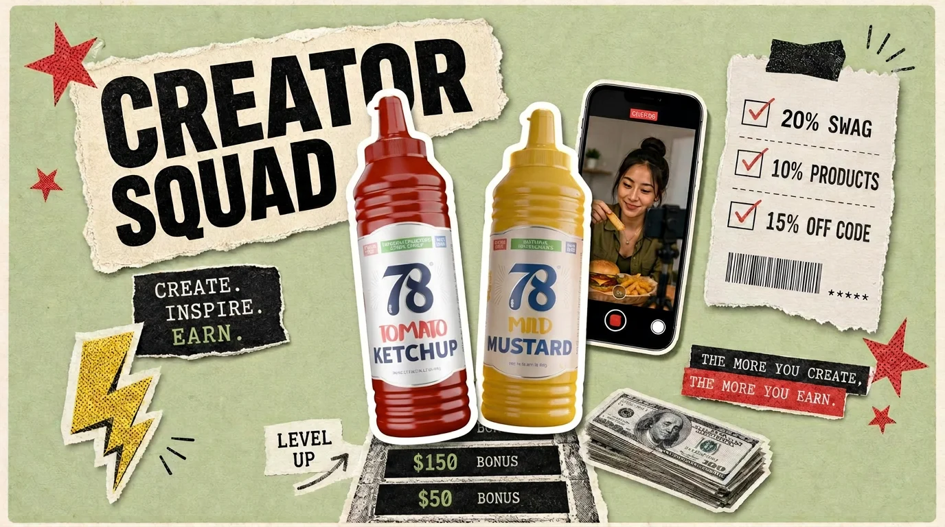 78 Brand Creator Squad collage with ketchup bottles, creator phones, and affiliate commission stickers