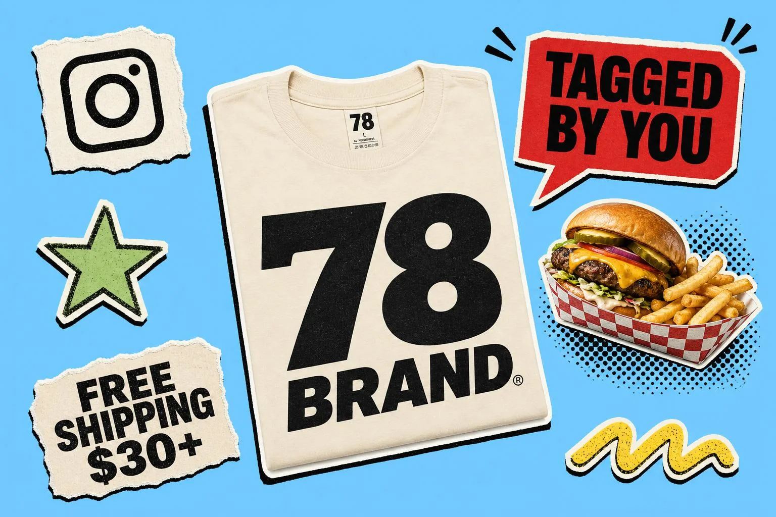 78 Brand Instagram collage with 78 tee swag, tagged by you speech bubble, and free shipping sticker for natural non-GMO condiments