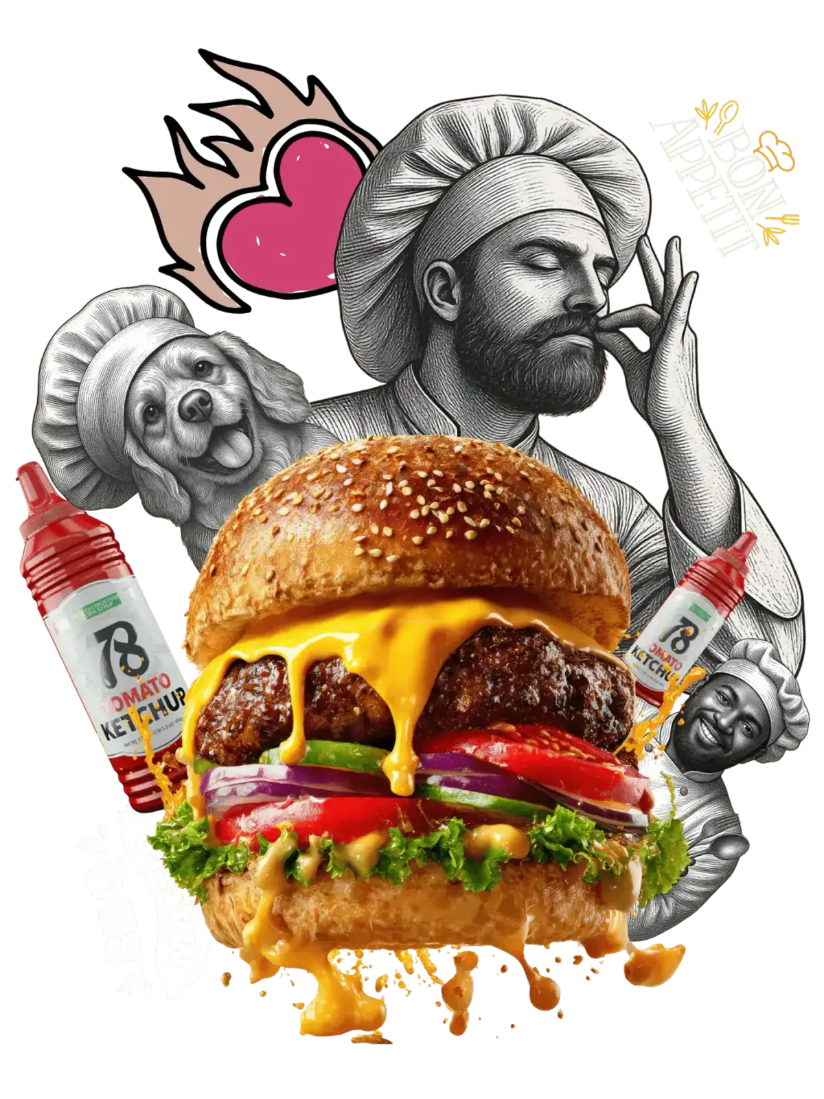 78 Brand ketchup with a loaded cheeseburger and chef illustrations